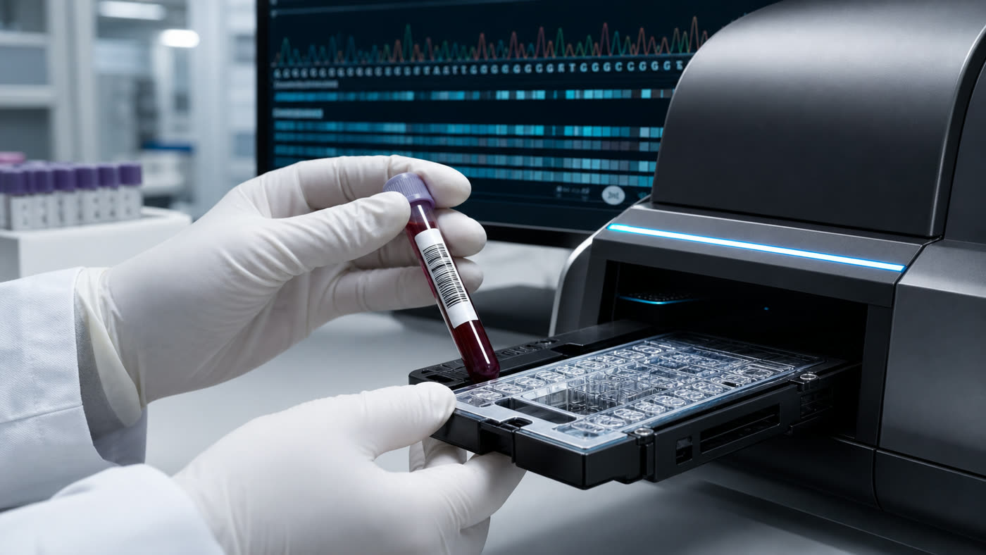 Laboratório molecular com tubo de amostra e analisador